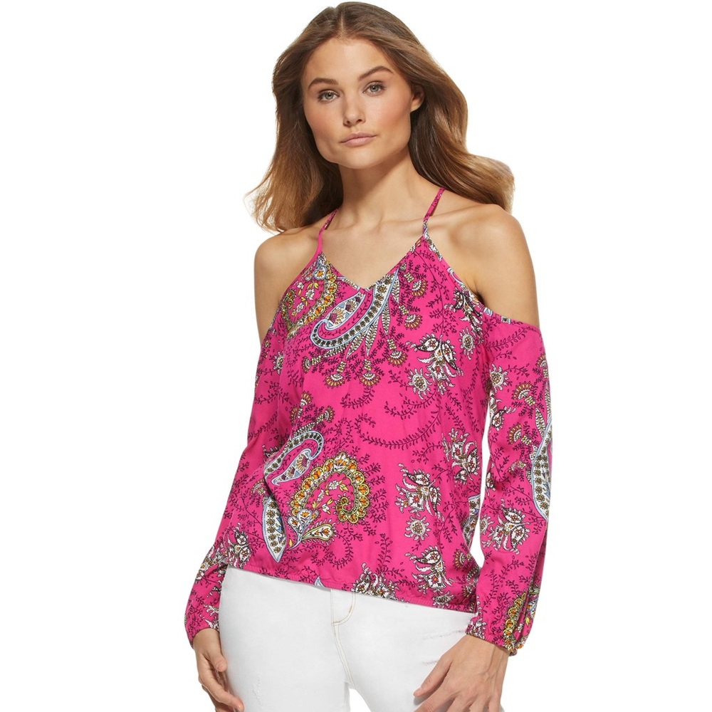 Scoop Printed Cold Shoulder Crossover Keyhole Top